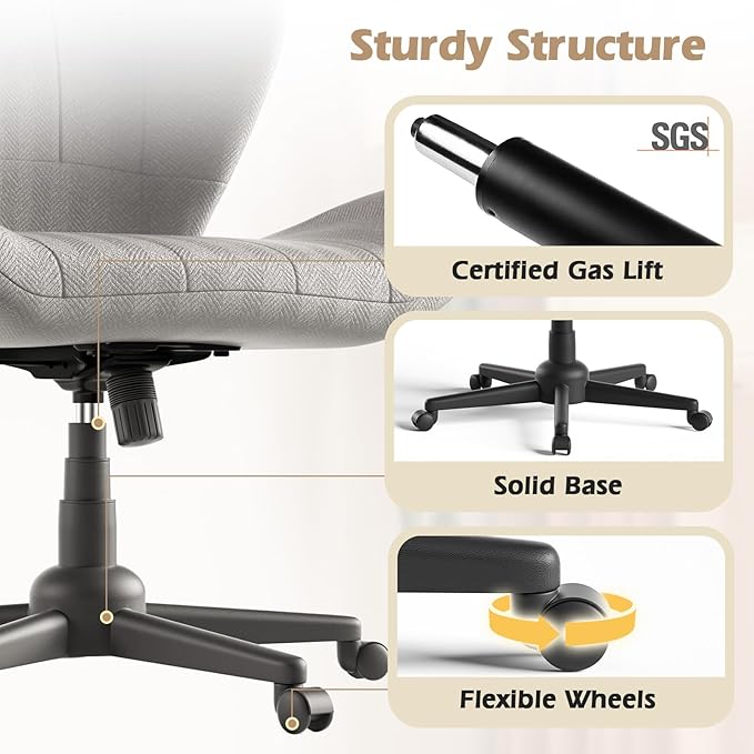 Criss Cross Chair with Wheels, Wide Cross Legged Office Chair Armless Comfy Desk Chair with Tall Back Vanity Chairs with Stress Relief Curved Design Seat for Bedroom & Office & Home Grey