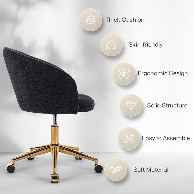 KCC Faux Fur Office Desk Chair, Comfy Fluffy Swivel Modern Leisure Armchair with Wheels, Upholstered Comfy Fuzzy Vanity Makeup Chair Height Adjustable for Teens Women Girls Elegant Home Office