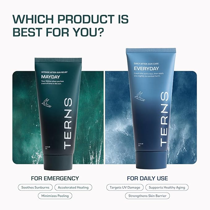 TERNS Mayday Intensive After Sun Gel Cream, Cooling Skin Care for Sunburn Relief, 3X Marine Bioactive Complex with Niacinamide, Squalane, Shea Butter & Aloe, Travel Size, Fragrance Free, 2 Fl Oz