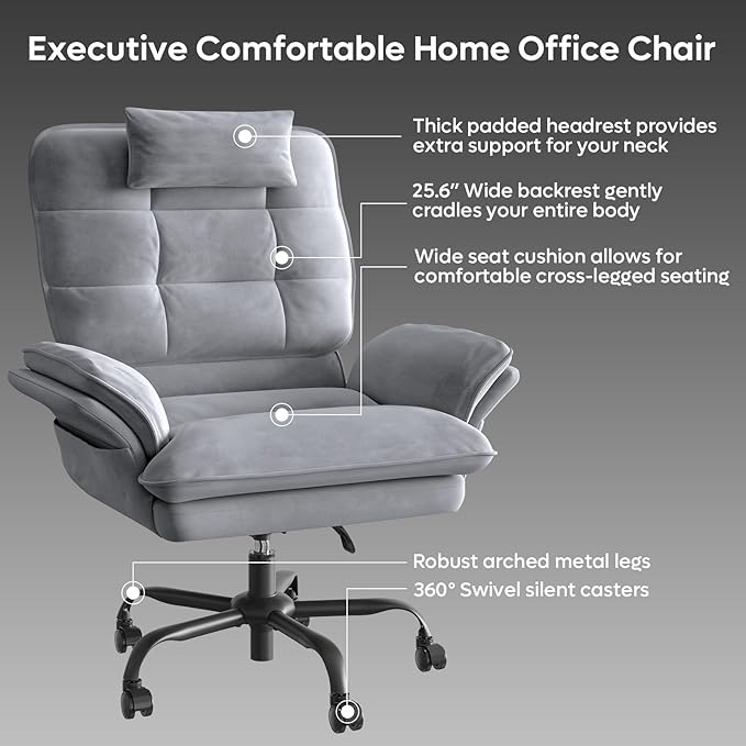 Bestier Criss Cross Chair with Flip-Up Armrests and Headrest, 135° Reclining Swivel Executive Chair with Side Pockets, Big and Tall Computer Desk Chair for Home Office Bedroom, Grey Velvet