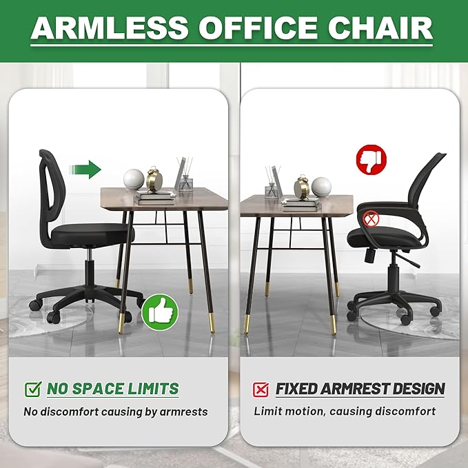 Swivel Armless Desk Office Chair Without Arms Adjustable Height and Lumbar Support for Home