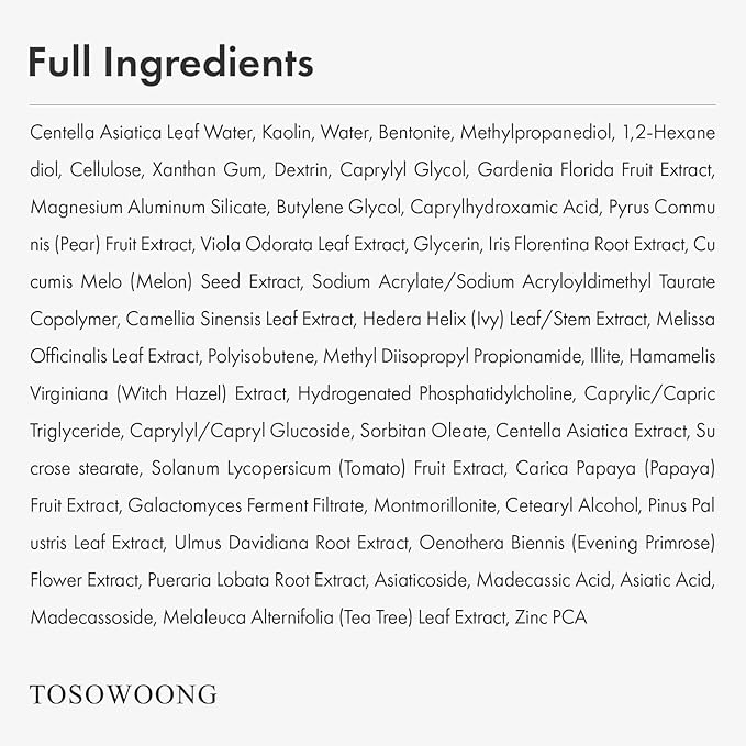 TOSOWOONG Real Centella Mud Mask for Blemish-Prone Skin with Witch Hazel, Tea Tree, Blackhead Remover, Pore Cleaner & Skin Relief, Cooling Quick Dry Formula Face mask, Korean Skincare, 100g / 3.52oz.
