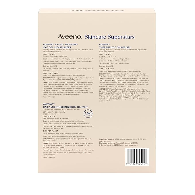 Aveeno Skin-care Superstars Gift Set with Calm + Restore Oat Gel Facial Moisturizer, Daily Moisturizing Body Oil Mist, & Therapeutic Shave Gel for Smooth Skin, 3 items