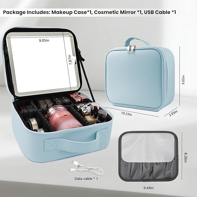 Travel Makeup Bag with LED Mirror and Light Travel Makeup Case Cosmetic Organizer Portable Cosmetic Brush Organizer Bag with Adjustable Dividers for Cosmetics Makeup Brushes Toiletry(Baby Blue)