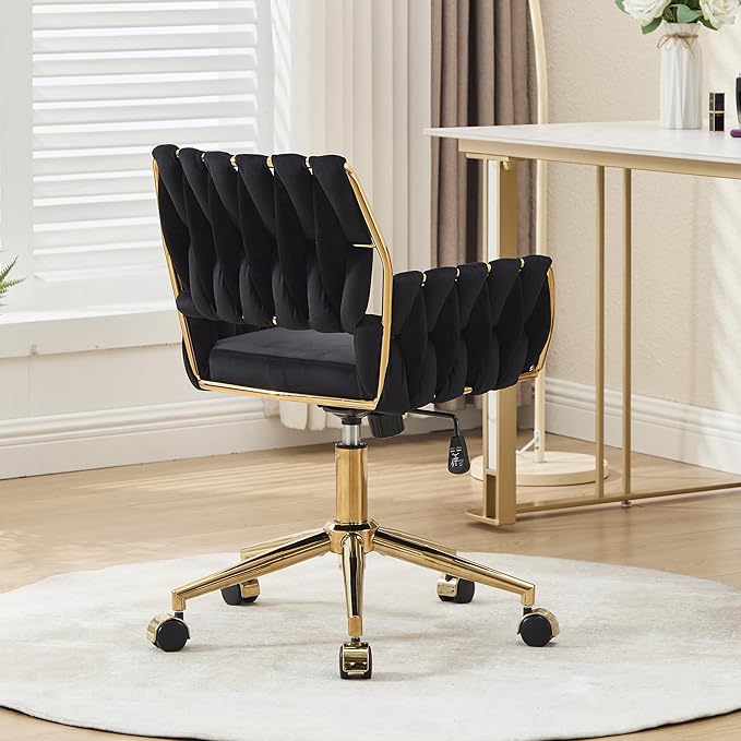 civama Velvet Office Desk Chair with Hand Woven Backrest, 360°Swivel & Height Adjustable Cute Girls Vanity Vlog Chairs, Nail Salon Bedroom Dressing Room Armchair with Gold Base and Wheels (Black)