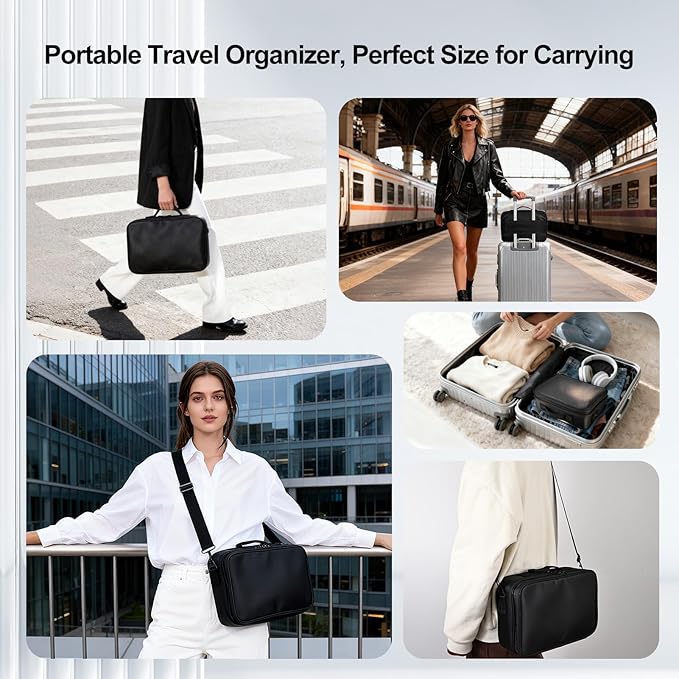 Greenfeather Travel Makeup Bag, Professional Cosmetic Train Case Organizer, Portable Travel Cosmetic Brush Bag Holder Makeup Artist Storage Box with Adjustable Dividers and Shoulder Strap, Black