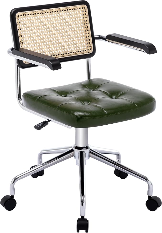 Zesthouse Modern Home Office Chair Leather Desk Chair with Rattan Back, Vanity Chair for Girls Women, Upholstered Tufted Swivel Armchair for Bedroom, Height Adjustable Computer Task Chair