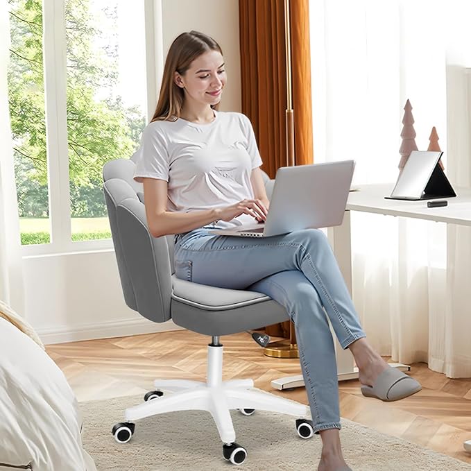 Vanity Chair with Wheels Velvet Petal Desk Chair Upholstered Tufted Home Office Chair for Women Girls, Height Adjustable Makeup Task Chair for Bedroom Living Room