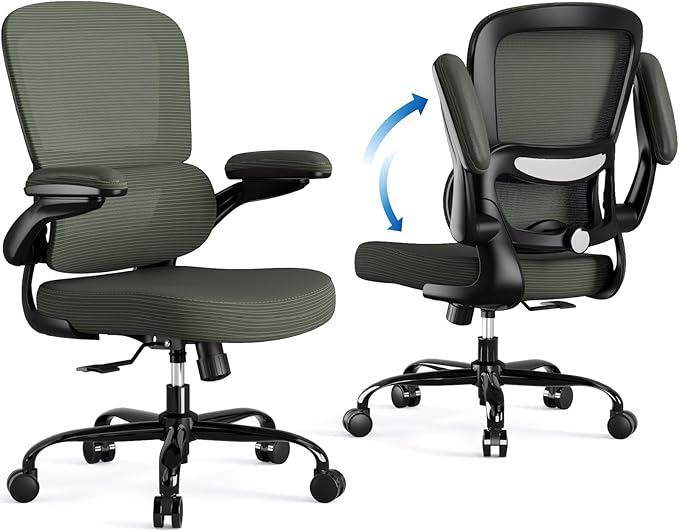 TRALT Ergonomic Office Chair - Desk Chair with Adjustable Lumbar Support Computer Chair - Mesh Comfy Chair with Flip-up Armrests - Gaming Chairs for Adults Home Office (PU Leather, Dark Green)