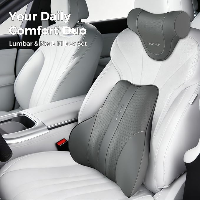 Coverado Car Headrest Pillow, Ergonomic Memory Foam Car Neck Pillow for Driving Seat with Adjustable Strap, Soft PU Leather Breathable Removable Cover Neck Support for Neck Pain Relief - Gray
