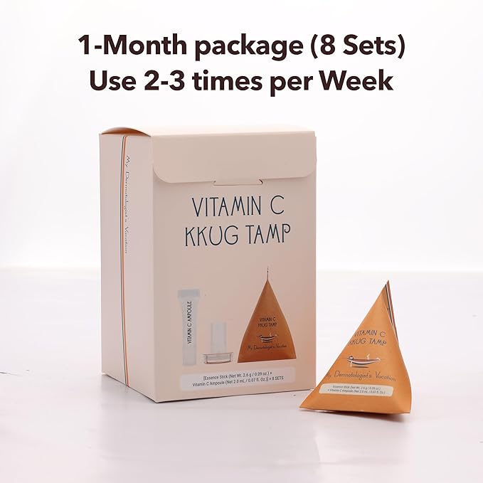 My Dermatologist's Vacation, VITAMIN C KKUG TAMP – Double-Acting Beauty Device with Micropoint ESSENCE STICK & AMPOULE, Korean Skincare Facial Serum Kit, 8 Single-Use Sets (2 Pieces Per Use)