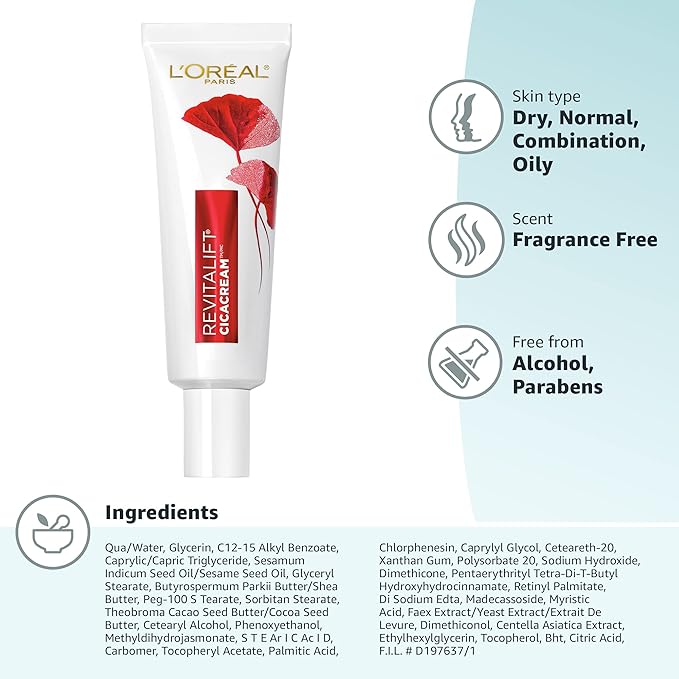 L'Oreal Paris Revitalift Cicacream Anti-Aging Face Moisturizer with Centella Asiatica for Anti-Wrinkle and Skin Barrier Repair, Fragrance Free, Paraben Free, 1.7 fl; oz.