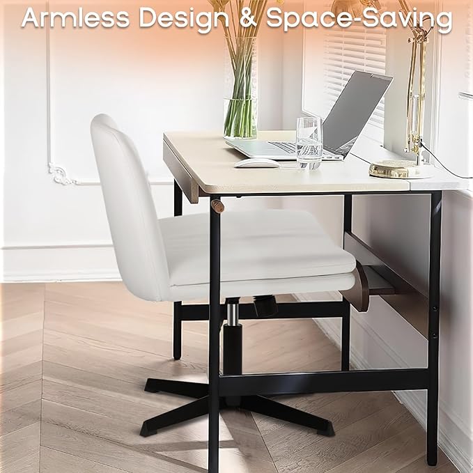 PUKAMI Criss Cross Chair,Comfy Cross Legged Office Desk Chair No Wheels,Modern Fabric Swivel Adjustable Height Mid Back Wide Seat for Home Office Computer (Pu White)