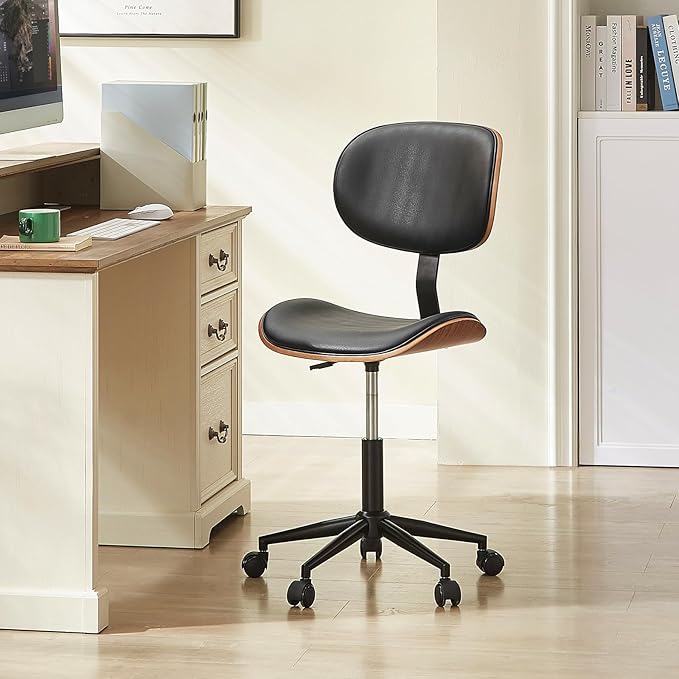 Bestier Small Office Chair with Bentwood Back Support, Armless Desk Chair with 360° Swivel, Height Adjustable Computer Chair with Wheels, PU Leather Modern for Office, Small Space, Black