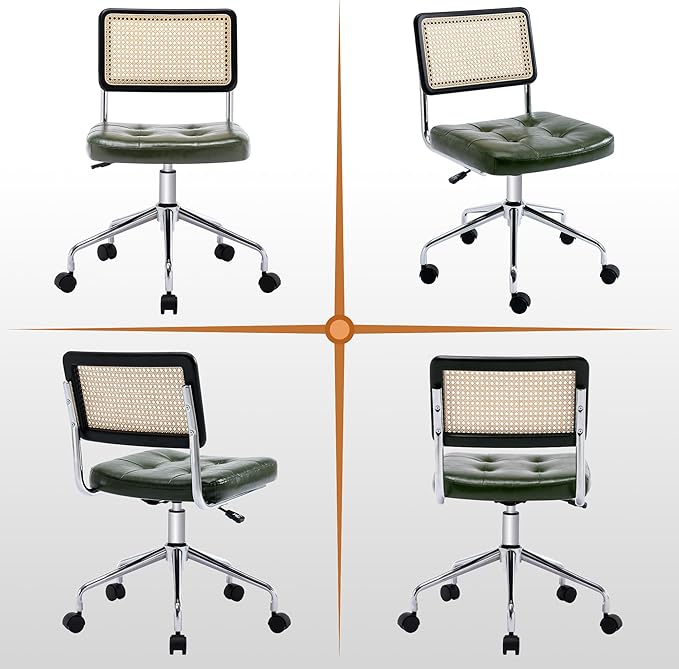 Zesthouse Mid Century Home Office Chair, Armless Desk Chair with Rattan Back, Adjustable Height Task Chair Vanity Chair for Girls Women, Upholstered Swivel Chair, Green Faux Leather