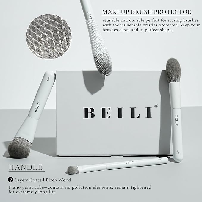 BEILI Mini 6Pcs Makeup Brush Set – Classic White, Professional Makeup Brushes for Foundation, Contour, Highlighter & Blending, Travel-Ready with Sponge