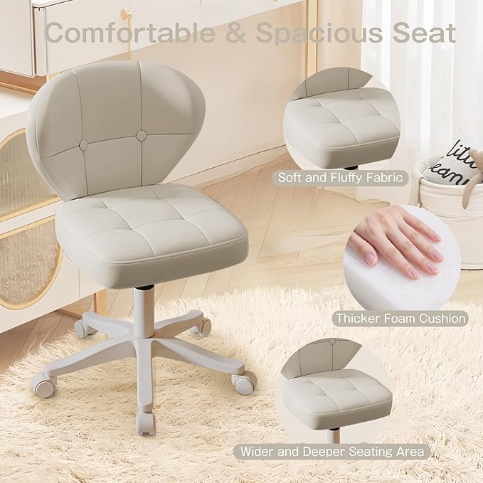 Vanity Chair with Back – Small Armless Office Chair with Wheels, Lumbar Support, PU Leather, Adjustable Height, 360° Swivel for Home, Bedroom, Office White Set of 2