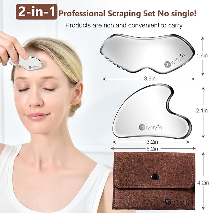 2 Pcs Stainless Steel Gua Sha Facial Tools Set, Face and Body Skin Massage, Scraping Tools for Jaw Lift Massager, Puffiness Reduction, Lymphatic Drainage & Skin Tightening, Great Gift-for Women