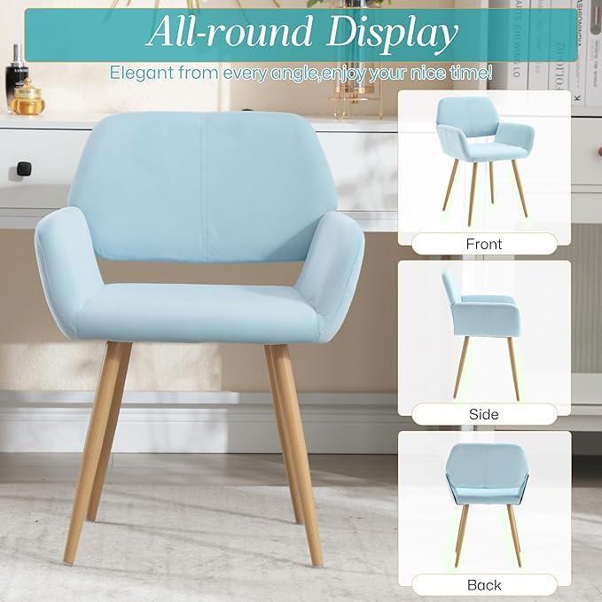 Home Office Velvet Desk Chair, Makeup Vanity Chair, Comfy Accent Armchair with Wood Grain Metal Legs, Cute Dining with Hollowed Back, Light Blue