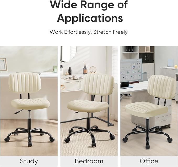 DUMOS Small Office Desk Chair - Armless PU Leather with Comfy Lumbar Support, Height Adjustable Rolling Swivel Task for No Arms, for Adult, Student, Bedroom, Home, Vanity, Beige White