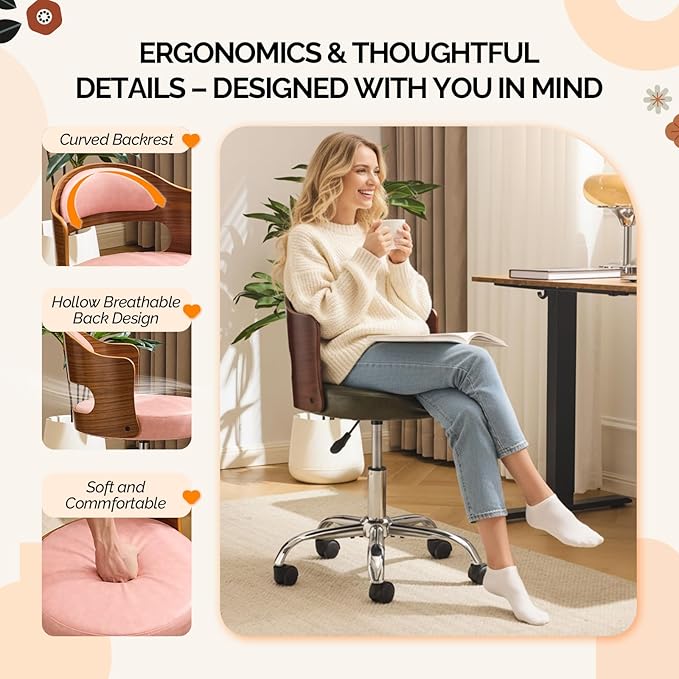 VINGLI Armless Home Office Desk Chair, Adjustable Swivel Chair,Dual-Use with/no Wheels,Small Retro Designed Walnut Curved Task Chair,Cushioned Nail Tech Chair for Study Area,Workspace,PU,Pink