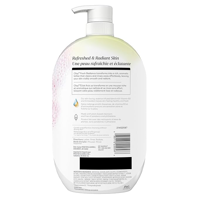 Olay Body Wash for Women, Fresh Radiance, 24/7 Skin-Loving Freshness, Visibly Radiant, Plant Based Cleansers, Vitamin B3 & Antioxidant Blend, For All Skin Types, Watermelon & Agave Scent, 35 fl oz
