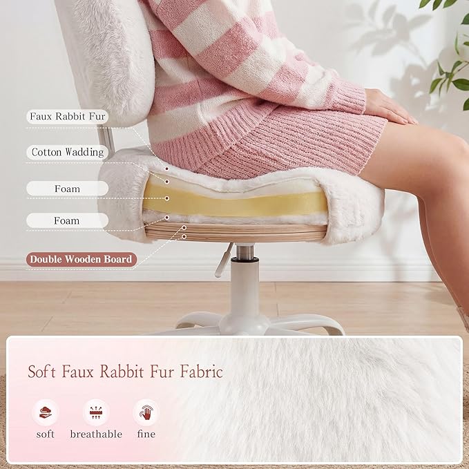Vanity Chair with Back, Swivel Chair with Wheels & Adjustable Height, Fluffy Faux Rabbit Fur Comfy Desk Chair for Vanity, Make-up Room, Bedroom, Dorm, Cute Bow Backrest, White