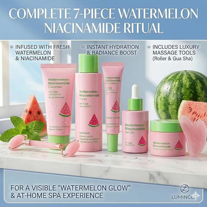Watermelon Niacinamide Skin Care Set, Skin Care For Kids & Girls With Cleanser,Toner,Eye Cream,Cream,Serum,Headbeand & 2PCS Guasha, Skincare For Girls 10-12, Routine Beauty Skin Care For Teens Gift