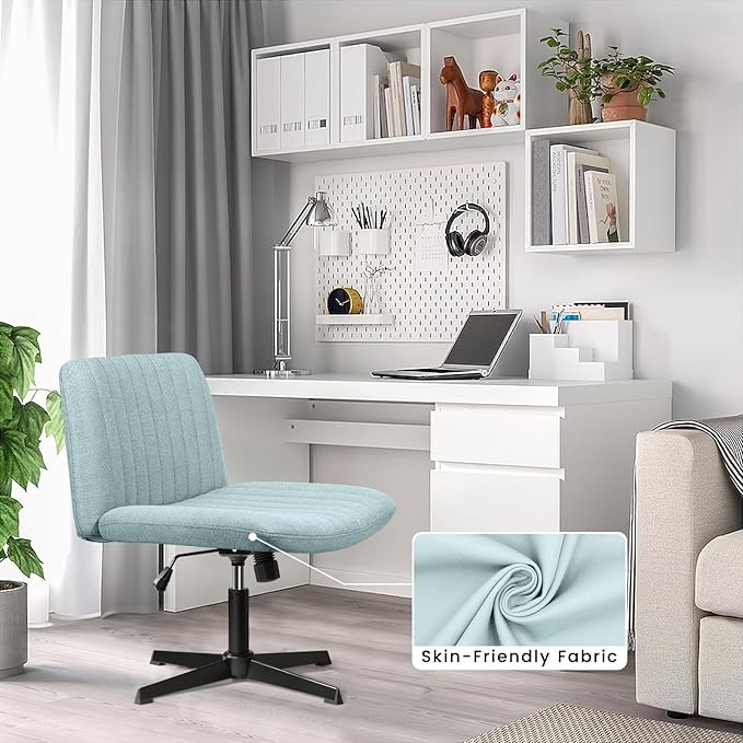 PUKAMI Criss Cross Chair,Comfy Cross Legged Office Desk Chair No Wheels,Modern Fabric Swivel Adjustable Height Mid Back Wide Seat for Home Office Computer (Mint Green)