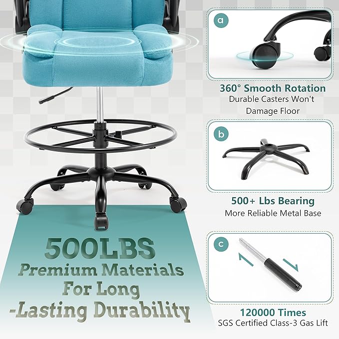 Ergonomic Drafting Chair, Tall Office Chair for Standing Desk, High Back Standing Desk Chair with Flip-Up Armrest, Adjustable Height & Foot Ring, Executive Fabric Extended Height Office Chairs, Blue