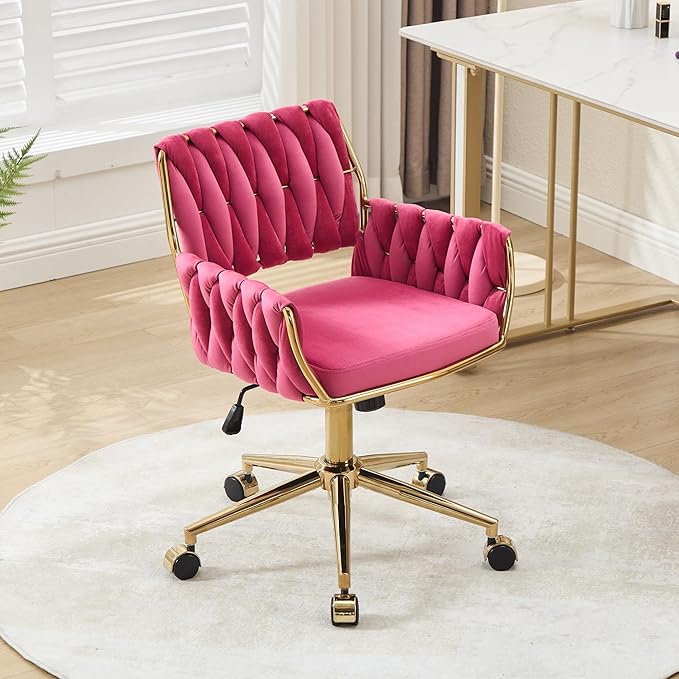civama Velvet Office Desk Chair with Hand Woven Backrest, 360°Swivel & Height Adjustable Cute Girls Vanity Vlog Chairs, Nail Salon Bedroom Dressing Room Armchair with Gold Base and Wheels (Hot Pink)