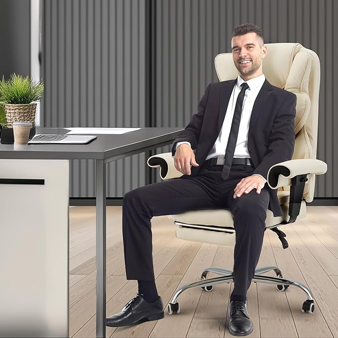 HOMREST 6-Point Massage Executive Chair,Heat Office Chair,Ergonomic Home Office Desk Chairs with Retractable Footrest and Reclining Function,Leather Computer Chair with Adjustable Armrest(โOff White)