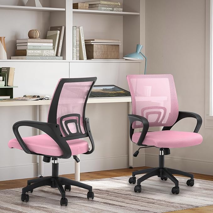 Magshion Ergonomic Office Chair Pack of 2, Mid-Back Mesh Desk Chair, Adjustable Swivel Computer Chair with Lumbar Support & Breathable Backrest for Gaming, Work, Study, 300 Lbs Capacity, Pink