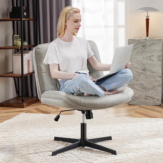 OLIXIS Criss Cross Chair with Wheels, Armless Wide Cross Legged Vanity Office Desk Chair with Comfy PU Leather& Back - Swivel for Home Office Bedroom, Gray