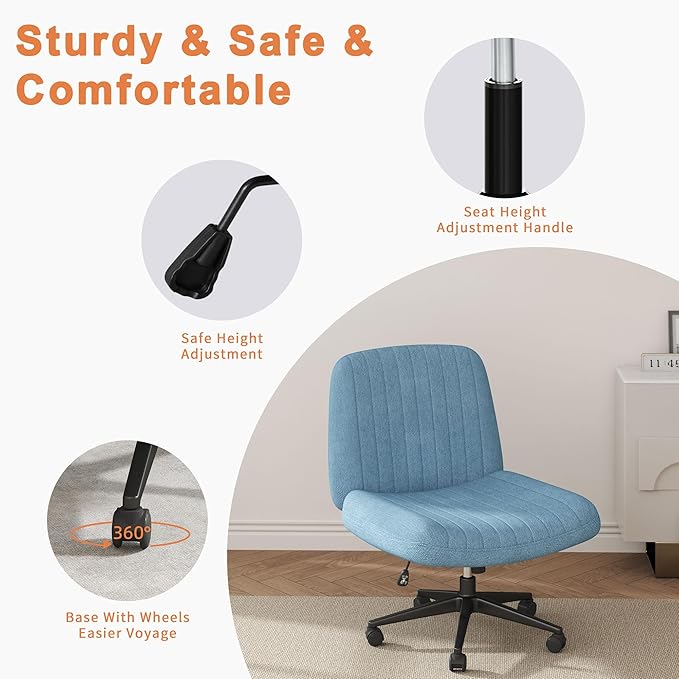 Shintenchi Criss Cross Chair,Cross Legged Office Seat with Wheels Armless Swivel Vanity Chair,Height Adjustable Wide Computer Task Seating for Home Office,Blue 