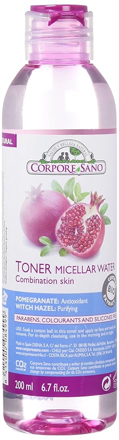 Corpore Sano Micellar Toner for Dry Skin/Combination Skin-CERTIFIED ORGANIC-NO PARABENS-Imported from Spain-200 ml/6.7 fl.oz (Combination Skin-Pomegranate & Whitch Hazel)