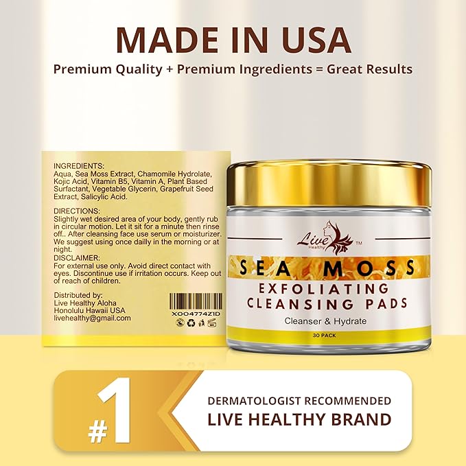 Live Healthy The Original Kojic Acid & Sea Moss Cleansing Pads - Natural, Face Cleanser, with Vitamin E, Glycolic Acid & Hyaluronic Acid - Clears Acne, Face Peel Toner Pads - Made in USA | 30 Pack
