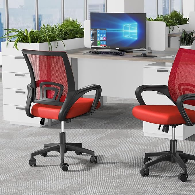 Home Office Chairs, Ergonomic Mid-Back Mesh Desk Chairs with Lumbar Support, Adjustable Swivel Rolling Design, Comfy Armrest for Work, Study, Gaming, Vanity, Red, 2 Pack