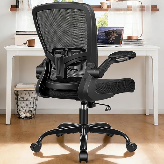 Ergonomic Office Chair 2026 - Mesh Desk Chair with Flip-up Armrests, Adjustable Height and Lumbar, 360° Swivel Comfortable Computer Chairs for Home, Conference Room, Reception, Max 350lbs, Black