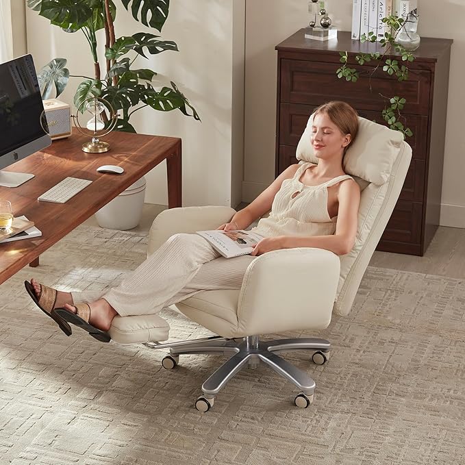 Cross Legged Office Chair with Pets Friendly Arms, Plus Size Criss Cross Desk Chair, Big and Tall Office Chair with Foot Rest, Reversible Armrests & Wide Seat, Cream White