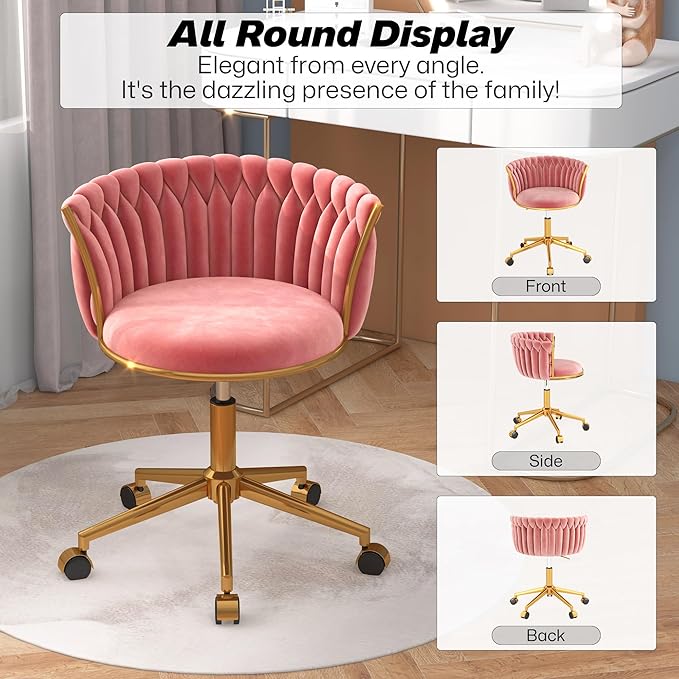 Velvet Woven Home Office Chair, Modern Swivel Desk Chair with Wheels, Height Adjustable Vanity Chair with Gold Metal Base and Hand Weaving Back for Bedroom Study Small Space, Pink