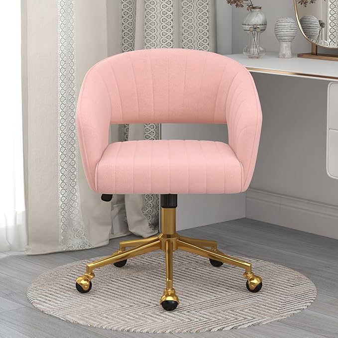 Home Office Chair Swivel Velvet Desk Chair Accent Armchair Upholstered Modern Tufted Chairs with Gold Base for Girls Women Ergonomic Study Seat Computer Task Stools for Living Room(Pink)