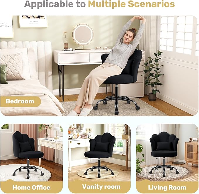 Petal Vanity Chair with Wheels, 3.15" Extra Thick Comfy Makeup Chair, Adjustable Modern Swivel Armless Desk Chair for Girls Women, Aesthetic Small Office Chair for Bedroom Dorm