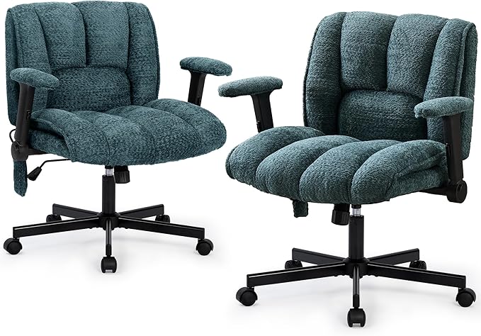 Criss Cross Legged Office Chair with Flip-Up Arms and Wheels, Wide Seat Desk Chair with Built-In Dynamic Airbag Lumbar Support, Modern Cross-Leg Chair for Home Office, Apartment, Vanity, Dark Green