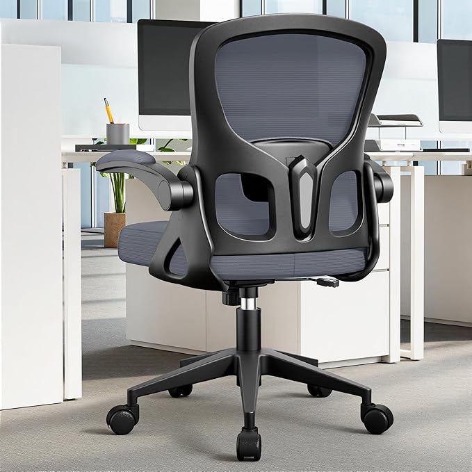 Office Chair Ergonomic Desk Chair, Adjustable Lumbar Support Rolling Swivel Comfy Chair with Space-Saving Flip Up Armrests, Mesh Gaming Chair for Business Work Office & Home, Dark Gray
