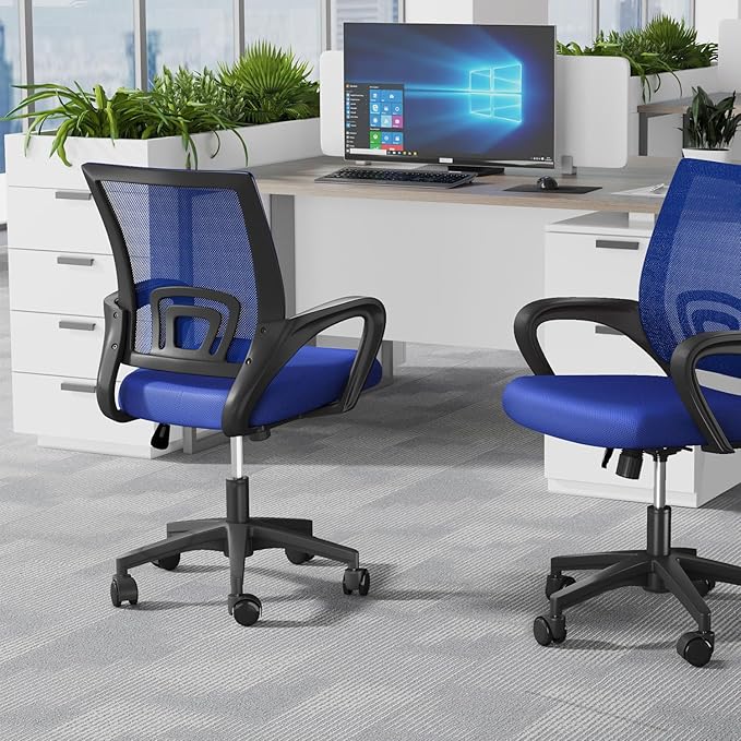 Home Office Chairs, Ergonomic Mid-Back Mesh Desk Chairs with Lumbar Support, Adjustable Swivel Rolling Design, Comfy Armrest for Work, Study, Gaming, Vanity, Navy Blue, 2 Pack