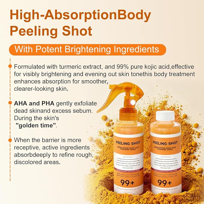 Body Keratin Care Kojic Acid Turmeric Spray: Gently Exfoliating Peeling Shot– Hydrates,Nourish your skin,Suitable for All Skin Types, 200ml - HH