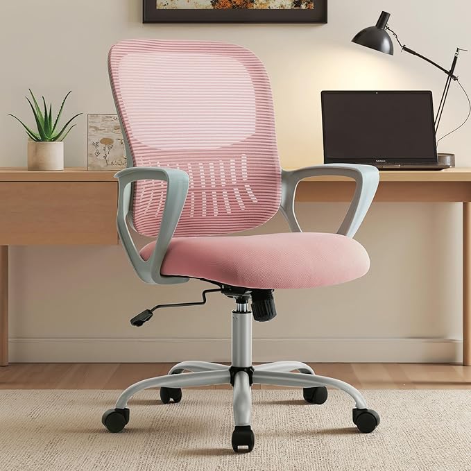 DUMOS Home Office Chair, Mid Back Computer Ergonomic Mesh Desk with Large Seat, Executive Height Adjustable Swivel Task with Lumbar Support and Armrest, for Adults, Pink