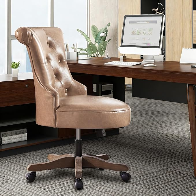 HUIMO Home Office Chair Upholstered Armless Desk Chair with Wheels Adjustable Height Computer Desk Chair with Wooden Legs Comfortable Swivel Chair for Home Office Study Studio (Light Brown)