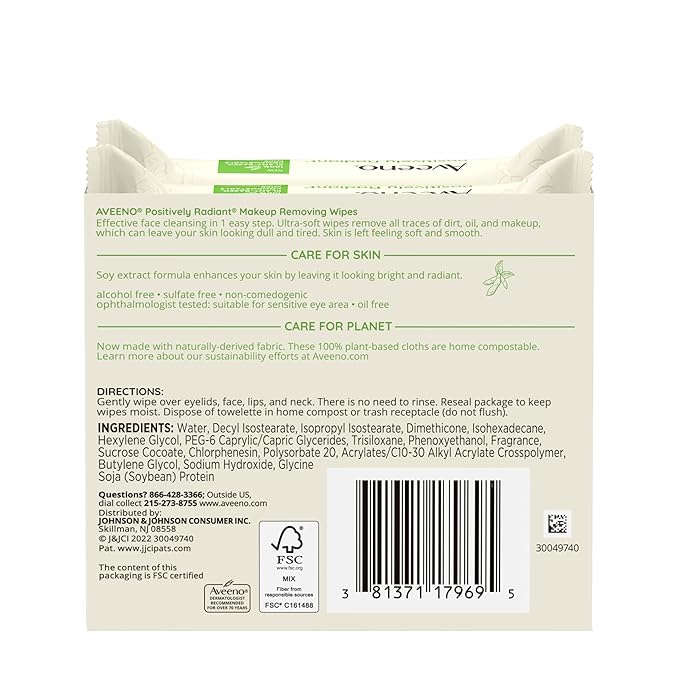 Aveeno Positively Radiant Alcohol Free Makeup Removing Face Wipes, Ultra Soft, Gentle, Non-Comedogenic Facial Cleansing Towelettes Leave Skin Clean & Soft, Sulfate Free, 50 Count,(Pack of 2)